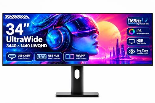 TANXJIA 34" Ultrawide Monitor, 3440x1440 UWQHD 165Hz IPS, USB-C KVM