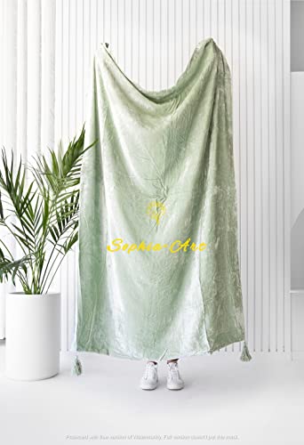 Sophia-Art Luxury Crushed Velvet Throw Blanket With Tassels Sofa Bed Soft Blankets Boho Warm Throws Cozy Plush Lightweight Pet (50X70 Inches, Sage Green) #TOP8