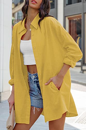 Image of FSHAOES Womens Oversized Button Down Shirts Casual Loose Long Sleeve Solid Lapel Long Blouses Tops with Pockets