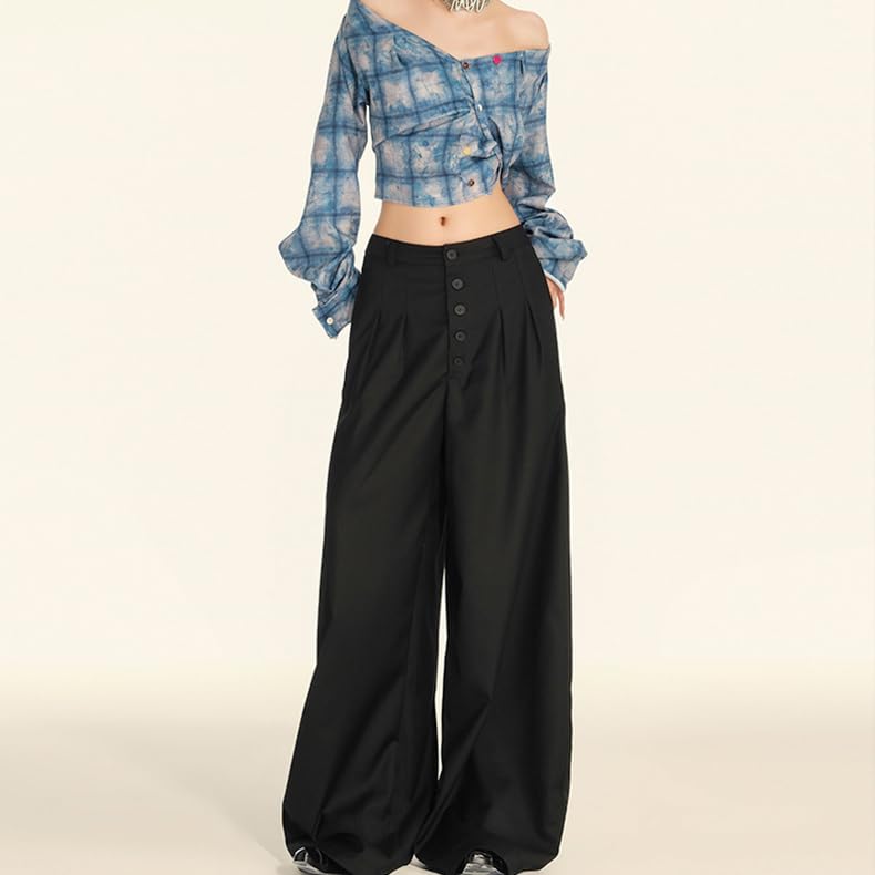 Pantaloni Da Donna A Vita Alta Con Bottoni, Casual, Gamba Larga, Eleganti Da Lavoro, Fluidi E Plissettati