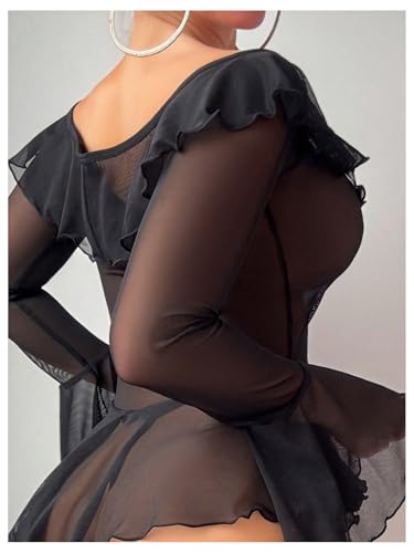 Image of OYOANGLE Women's 2 Piece Off Shoulder Long Sleeve Ruffle Mesh Sheer Nightgowns with Thongs Babydoll Lingerie Set