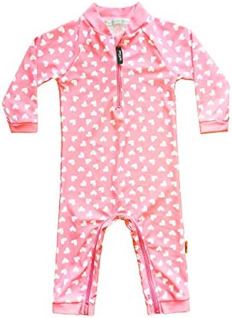 weVSwe Baby Toddler Sun Protection Rash Guard Pink Heart One Piece Girls Swimsuit Crotch Zipper for Easy Diaper Changes 18-24M
