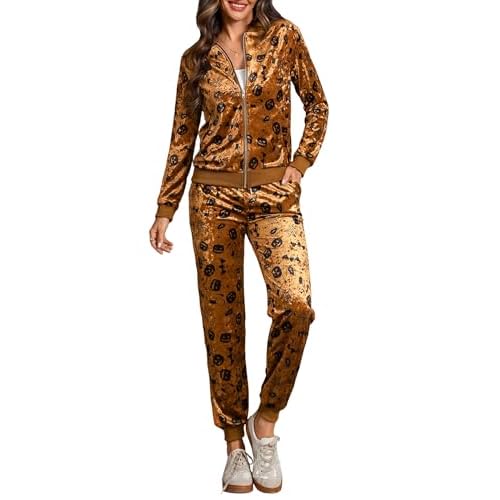 Totatuit Velour Tracksuit Womens Sweatsuit Set Long Sleeve Zip Up Jacket & Drawstring Sweatpants Outfit X-Large Halloween Orange