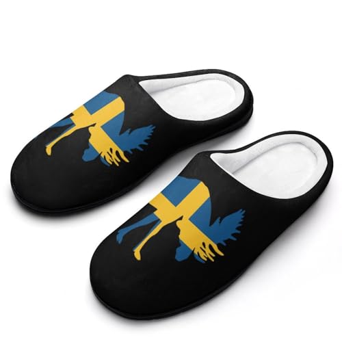 Moose in Swedish Flag Women's Cotton Slippers Indoor Outdoor Slip-on Warm House Shoes with Anti-Skid Rubber Sole