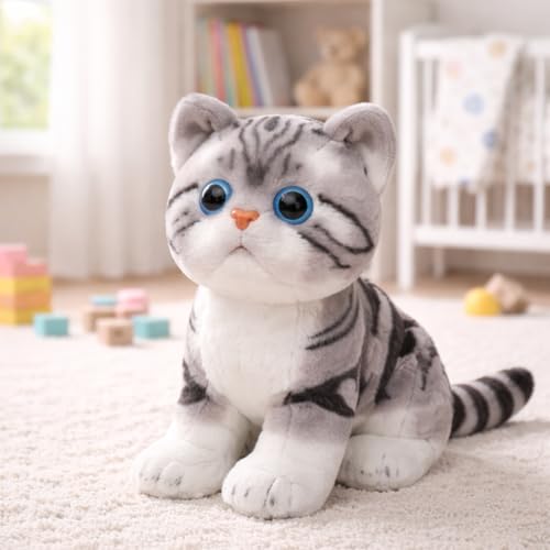 Image of FuzzyTales Cat Plush Toy 30cm | Stuffed Plush Animal for Kids & Adults | Kawaii Cute Cat Toy for Cuddles, Gifts & Room Decor | for Birthdays, Valentine's Day, New Year, Christmas (Grey&Black, 30 cm)