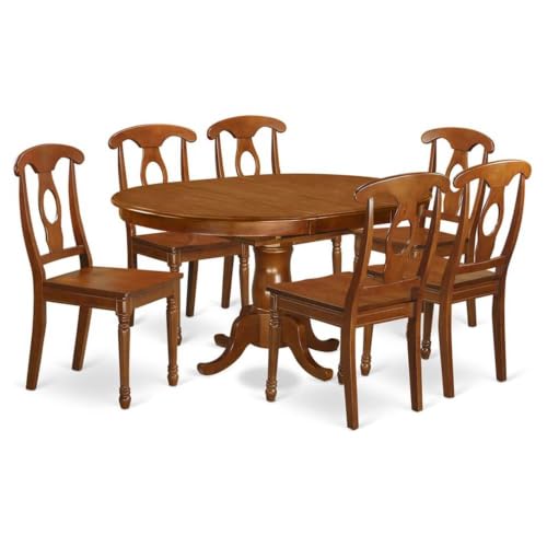 Pemberly Row 7-Piece Saddle Brown Dining Set, Asian Hardwood, Oval Table with 18 in Extension Leaf, 6 Chairs with S-Curve Backrests, Circular Insets, Wooden Seats, Elegant Dining Room Furniture