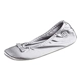 Isotoner Ballerina Slippers for Women – Soft Satin House Shoes with Bow and Suede Sole – Classic Comfy Travel and Bedroom Slippers – Cute Bridal Party Slippers, Light Grey Ribbon Bow, 8-9