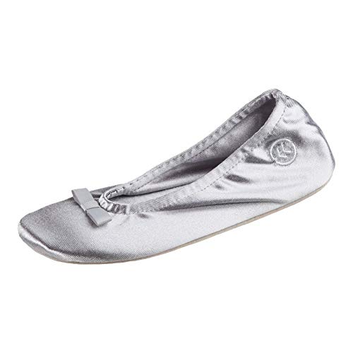 isotoner Women's Satin Ballerina Slipper, Suede Sole, Light Grey Ribbon Bow, 9.5-10.5