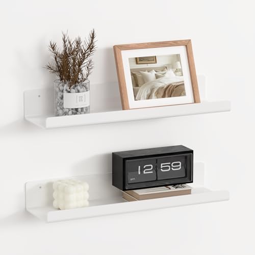 RICHER HOUSE 2 Pack White Acrylic Floating Shelves for Wall 15x4 No Drill Bathroom Shelf Dual-Mount (Adhesive or Screws) for Vinyl Record Cosmetics Room Décor Shelves for Bedroom Office Kitchen