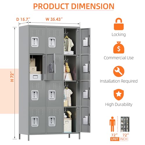 Image of Aobabo 12 Doors Metal Storage Locker for Employees, Storage Locker with 12 Hooks for School Office Gym Bedroom, Grey, Assembly Required
