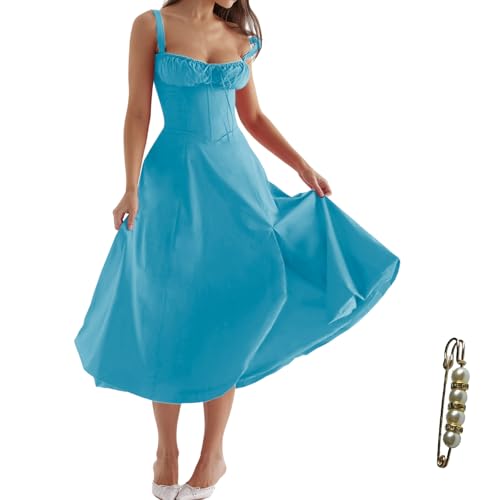 Image of Floral Corset Midi Dress Square Neck A Line Dress with Slit