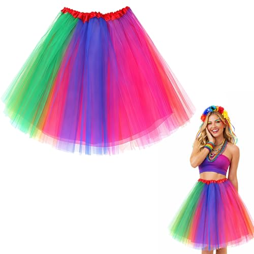 GWAWG Jupe Tutu Femme Costume Arc-en-Ciel Carnaval, Jupe Tutu à Couches de Tulle Coloré pour Déguisement Fancy Dress Fête Rétro Années 80