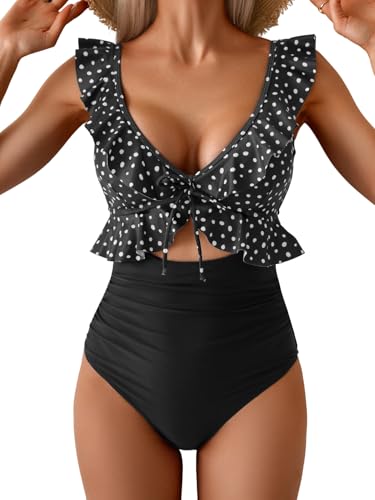 Image of Eomenie One Piece Swimsuit for Women Tummy Control Ruffle Bathing Suit V Neck Ruched Swim Suit Slimming Cutout Swimwear