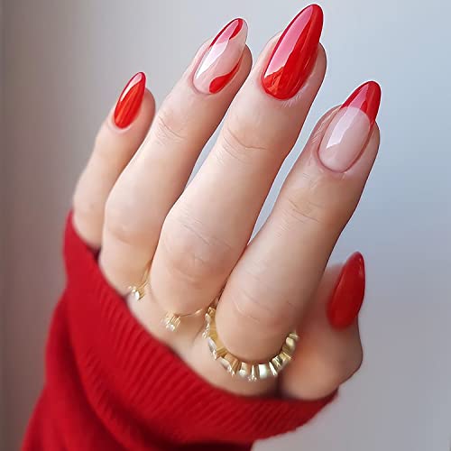 Press On Nails Almond Medium Length Fake Nails Red French Tip Acrylic Nails Full Cove Stick On Nails Glossy Glue On Nails Holiday False Nails Nail Decorations For Women And Girls #TOP1
