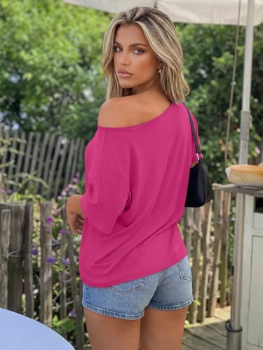 Image of Trendy Queen Womens Off the Shoulder Tops Oversized Summer T-Shirts 2026 | Breathable Strenchy Comfort Material Short Sleeve Basic Oversized Tees Casual Workout Gym Y2k Going Out Clothes