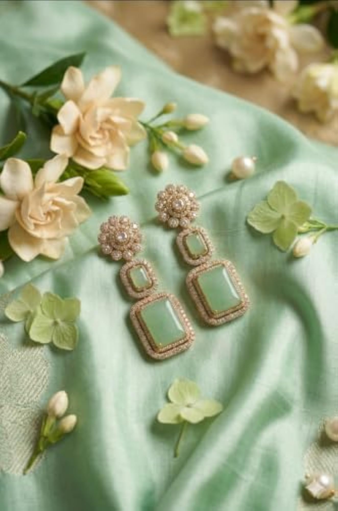 Women's Polki Drop Earrings with Mint Green Stone