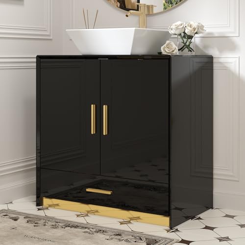 Homsee Bathroom Vanity and Sink Combo with Adjustable Shelf, Large Drawer & 2 Doors, Modern Bathroom Vanity Storage Cabinet with Ceramic Vessel Sink, Black