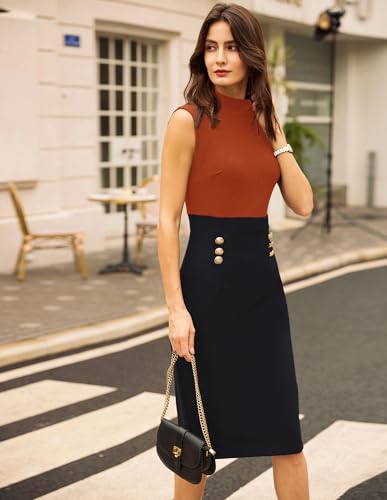 Image of GRACE KARIN 2026 Women's Lightweight Mock Neck Business Work Dress Sleeveless Double Breasted Bodycon Midi Dress