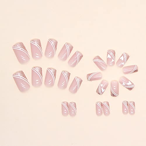 24Pcs Medium Square Press On Nails Glitter French Fake Nails Nude Pink Full Cover Stick On Nails Heart False Nails Exquisite Designs Stick On Acrylic Nails For Women Manicure Tips Decorations #TOP2