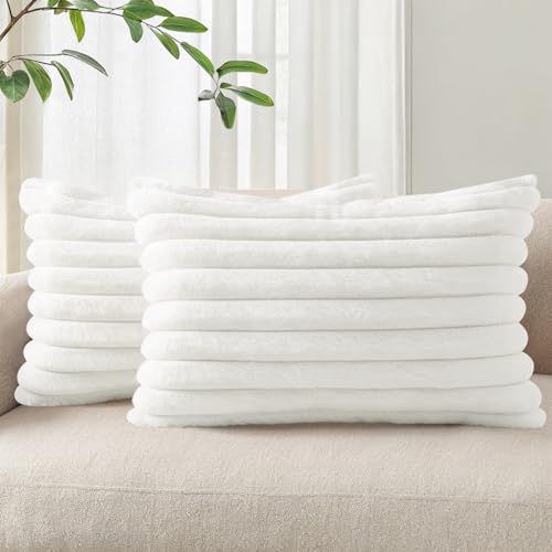 Pallene Faux Fur Plush Lumbar Throw Pillow Covers 12x20 Set of 2, Luxury Soft Fluffy Striped Decorative Pillow Covers for Sofa, Couch, Living Room, White