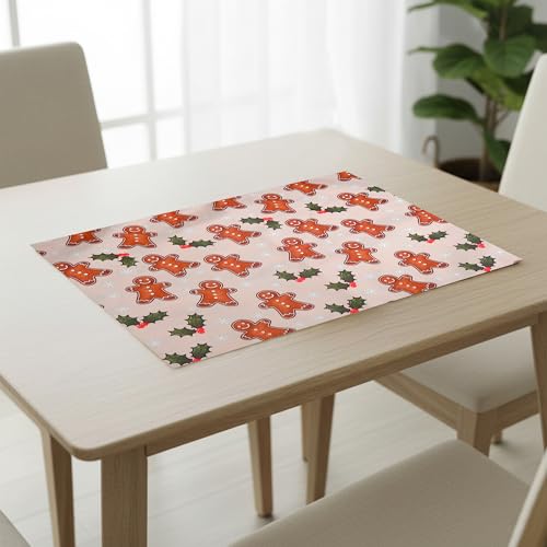Image of Dining Table Mats Set of 6 - Gingerbread Man Theme,Digital Print, Washable, Indoor /Outdoor, Heat-Proof, Wipe & Clean (47X33 cm) Cream & Brown