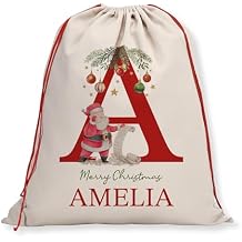 Lara Laser Works Personalized Santa Sack - Custom Initial Christmas Sack - Large 27 x 20 Canvas Drawstring Santa Bag for Christmas Presents, A to Z Letters with Name