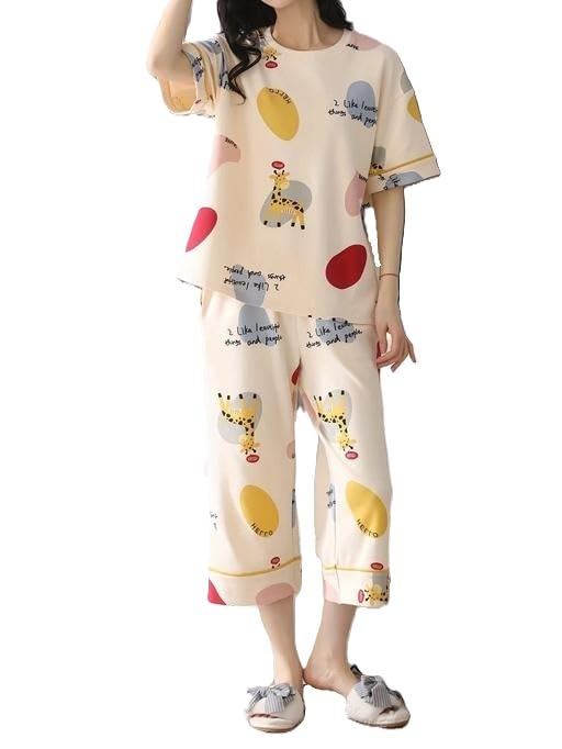 Women Print Oversized Lounge Set Soft Cotton Relaxed T Shirt with Matching Pyjama Night Suit-picture-49