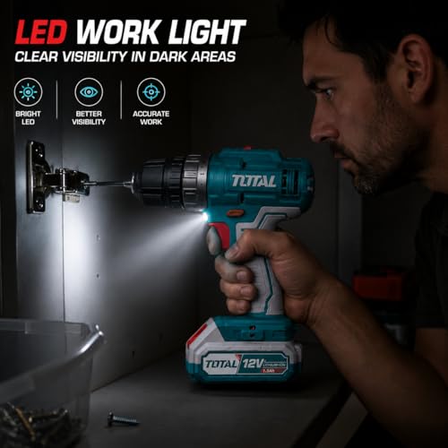 Image of TOTAL 12V Cordless Drill Machine, 25Nm, 2 x 1.5Ah Batteries, 10mm Chuck | 15+1 Torque Settings, 2-Speed Control Up to 1500RPM, Reverse Function, LED Work Light and Carrying Case Included