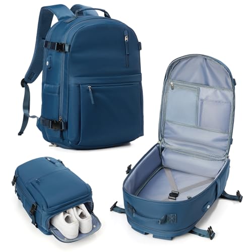 Large Travel Backpack for Women Men Waterproof Luggage Utility Backpack with USB Charging Port & Shoe Pouch Airline Approved Personal Item Travel Bag Mochila de Viaje(Blue)