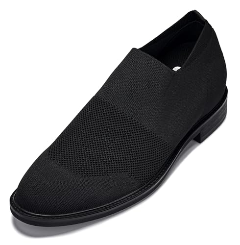 CALTO Men's Invisible Height Increasing Elevator Casual Shoes - Black/Black Sole Ultra Light-Weight Slip-on Knitted Business Dressy Casual Shoes - 2.4 Inches Taller - X1541 - Size 6 D(M) US