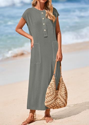 Image of KIRUNDO Womens Summer Ribbed Knit Short Sleeve Maxi Dress | 2026 Spring Henley Button Up Knitted Tshirt Dress, Loose Beach Vacation Sundress, Teacher Dress, Loose Fit Nursing Friendly