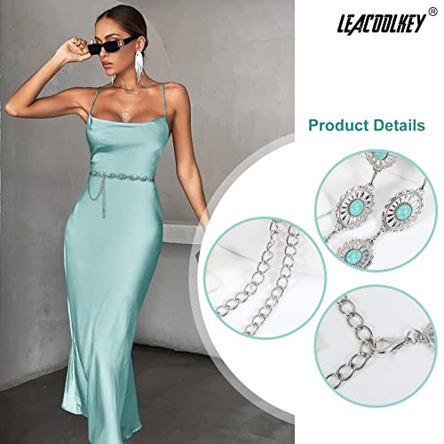 Image of LEACOOLKEY Women Turquoise Concho Chain Waist Belt Silver Western Cowgirl Metal Chain Belt for Dress Adjustable