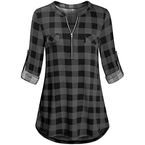 Women's V-neck shirts, checked blouse, long sleeve zip tunic tops, Black Chequered, XXL Cover