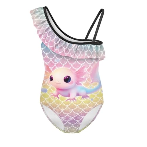 Image of Axolotl Mermaid Scale Girls Swimsuit One-Piece Bathing Suits Multicolor Kids Sport Summer Beach Swimwear for 6-12 Years Stretchy One-Shoulder Swimsuit for Outdoor
