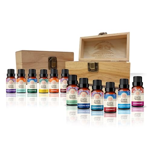 GuruNanda Essential Oils (Set of 12) with Wooden Storage Gift Box- 100% Pure & Undiluted Oils- Perfect for Aromatherapy, Massage, Beauty, Hair Care & Diffusers (Contains 6 Blends & 6 Singles)