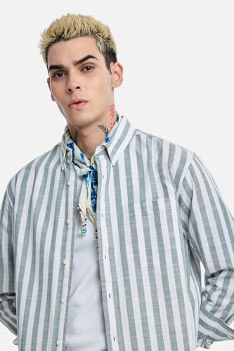 Image of SNITCH Men Casual Shirt | Regular Fit Long Sleeve Button-Down Collar Striped Pattern | 100% Cotton Breathable Fabric Smart Casual Summer Styling