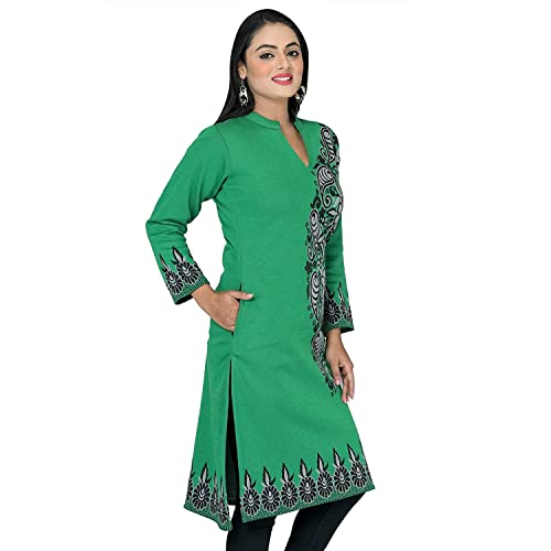 Image of Rosary Women's Winter Wear Embroidered Warm Woolen Straight Full Sleeve Kurti with Pockets