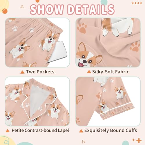 senya Corgi Dog Paw Prints 1 Satin Summer Pajama Sets Silk Short Sleeve Button Down Sleepwear3