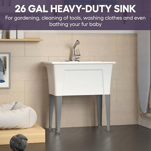 Freestanding Utility Sink with Gooseneck Faucet - 32" Plastic Utility Sink with Steel Legs for Garage, Laundry, Indoor and Oudoor Use - Laundry Tub Kit by Noah William Home - White (25.6 gal) by Noah William Home - Image 5