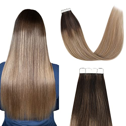Vlasy Tape in Hair Extensions Human Hair 20 Inch Mini Tape in Hair Extensions Real Natural Human Hair Invisible Straight Hair Extensions for Long Hair Black Women T4/27+T8/24A# 20 Pieces (40g)