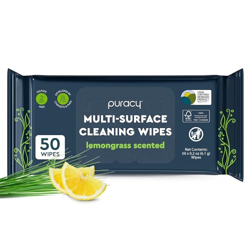 Puracy All Purpose Cleaning Wipes Non Toxic Multi-Surface Cleaner & Appliance Wipes for Car Bathroom Kitchen Lemongrass Scent (50 Count 1 Pack)
