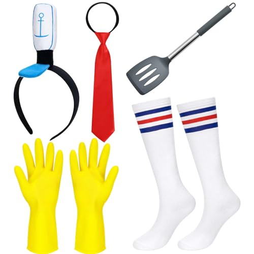 5 Pcs Sailor Costume Set Yellow Square Costume Accessories Sailor Hat Headband Light Grey Shovel Red Tie Socks and Yellow Gloves for Women Men Adult Halloween Ocean Sea Cosplay Accessory