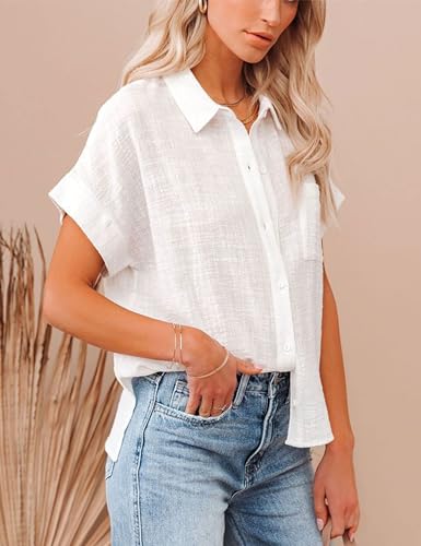 Women's Cotton Linen Button Down Short Sleeve Shirt 2025 Summer Linen Tops Blouses with Pocket ﻿2