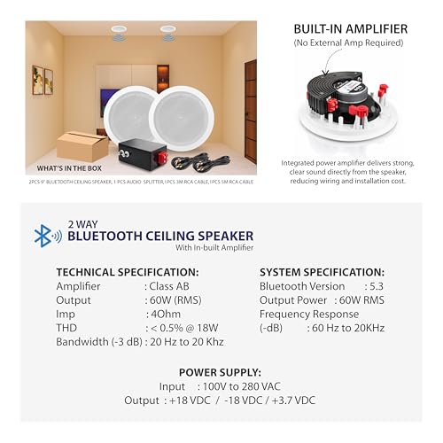 Image of Powerlink 9inch Bluetooth Flush Mount in-Ceiling 2-Way Speaker System Quick Connections Polypropylene Cone & Polymer Tweeter Stereo Sound 60Watt (30W Each) for Office, Gym, Home Theater (Pack of 2)
