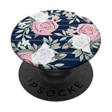 Floral Pink Blush and White on Navy Blue Striped Pattern - PopSockets Grip and Stand for Phones and Tablets