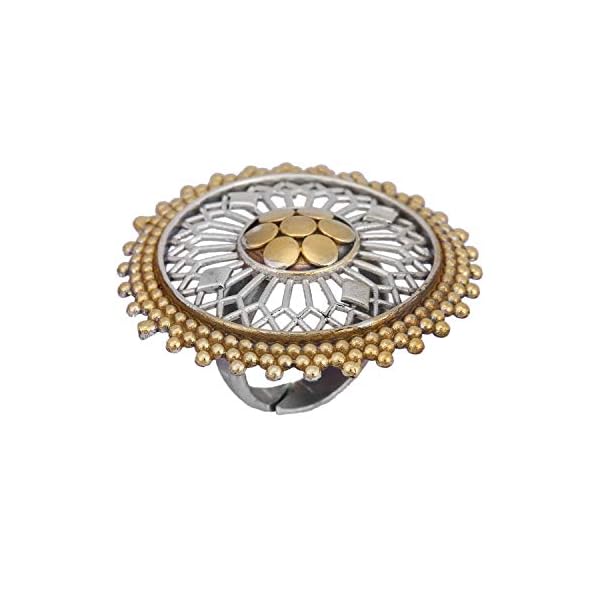 Accessher Chakra Statement Finger Ring Oxidised Silver and Gold Dual Plating for Women | Navratri Jewellery | - Image 3