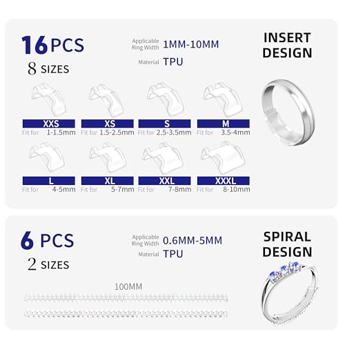 22 Pack Invisible Ring Size Adjuster for Loose Rings,2 Styles Ring Reducer Jewelry Guard Ring Resizer,Multiple 16 Inserts 8 Sizes and 6 Spirals 2 Sizes,Silicone Ring Tightener Fit for Almost Ring - Thumbnail 2