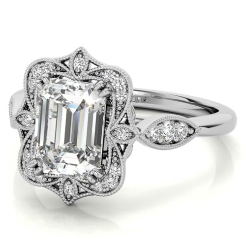 Antique Vintage Style Halo Emerald Cut Moissanite Engagement Ring for