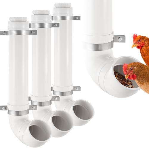 3 Pack Automatic Chicken Feeder No Waste, PVC Pipe Chicken coop Feeder, Rat Proof Chicken Feeder, with Lid Hanging Chicken Feeder, for Chicken Poultry Feeder