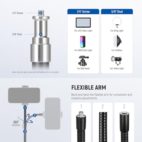 Image of NEEWER Microphone Stand with Flexible Arm, Boom Arm Mic Floor Tripod Mount Holder with Mic Clips, 3 /8 inch to 5 /8 inch Adapter, Cable Clips for Singing Vlogging Live Streaming Video Recording, MS010